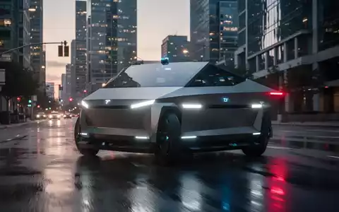 Ein futuristisches, autonomes Robotaxi im Cybercab-Stil fährt bei Dämmerung durch eine moderne Stadt. - Foto: über boerse-global.de