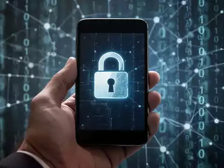 Eine Hand hält ein Android-Smartphone mit einem digitalen Vorhängeschloss auf dem Bildschirm, im Hintergrund verschwommener Binärcode. - Foto: über boerse-global.de