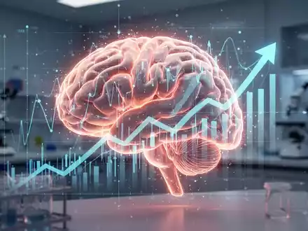 Eine stilisierte, leuchtende Gehirngrafik überlagert mit Finanzdiagrammen und Pfeilen, die Innovation und Investitionen in der Neurowissenschaft symbolisieren. - Foto: über boerse-global.de