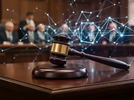 A judge's gavel resting on a dark wooden bench, with abstract digital lines and nodes in the blurred background, symbolizing an AI legal battle. - Foto: über boerse-global.de