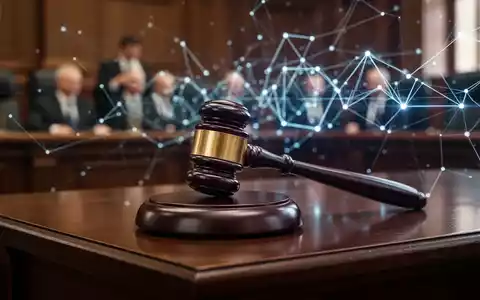 A judge's gavel resting on a dark wooden bench, with abstract digital lines and nodes in the blurred background, symbolizing an AI legal battle. - Foto: über boerse-global.de