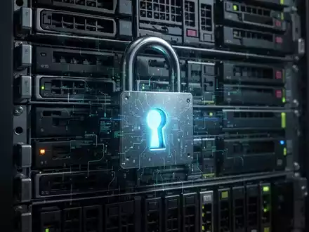 A glowing digital lock on a server rack, symbolizing a critical software vulnerability and cybersecurity threat. - Foto: über boerse-global.de