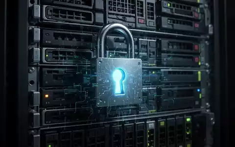 A glowing digital lock on a server rack, symbolizing a critical software vulnerability and cybersecurity threat. - Foto: über boerse-global.de