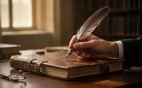 Eine Hand hält eine antike Feder über einem offenen Lederbuch auf einem Holztisch, beleuchtet von warmem Fensterlicht. - Foto: über boerse-global.de