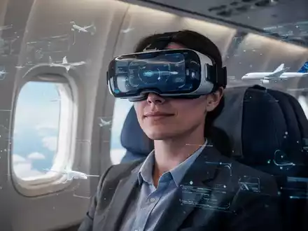 Eine Person trägt ein VR-Headset und ist in einer simulierten Flugzeugkabine, die auf einem Bildschirm projiziert wird, vertieft. - Foto: über boerse-global.de
