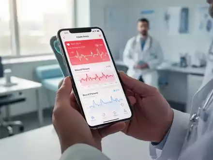 Nahaufnahme eines Smartphones mit einer Gesundheits-App zur Blutdrucküberwachung, gehalten von Händen in einer medizinischen Umgebung. - Foto: über boerse-global.de