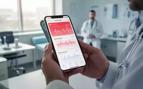 Nahaufnahme eines Smartphones mit einer Gesundheits-App zur Blutdrucküberwachung, gehalten von Händen in einer medizinischen Umgebung. - Foto: über boerse-global.de