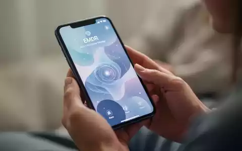 Ein Smartphone zeigt eine EMDR-Therapie-App mit abstrakten, beruhigenden Mustern. Im Hintergrund sind die Hände einer Person zu sehen, die das Telefon hält. - Foto: über boerse-global.de