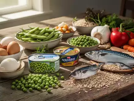 Eine Auswahl gesunder Lebensmittel wie Eier, Edamame, Erbsen, Thunfisch und Gemüse auf einem Holztisch, beleuchtet von Sonnenlicht. - Foto: über boerse-global.de