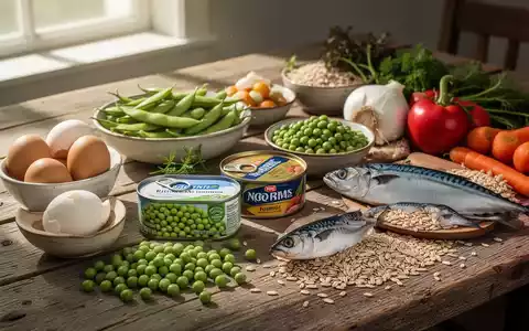 Eine Auswahl gesunder Lebensmittel wie Eier, Edamame, Erbsen, Thunfisch und Gemüse auf einem Holztisch, beleuchtet von Sonnenlicht. - Foto: über boerse-global.de