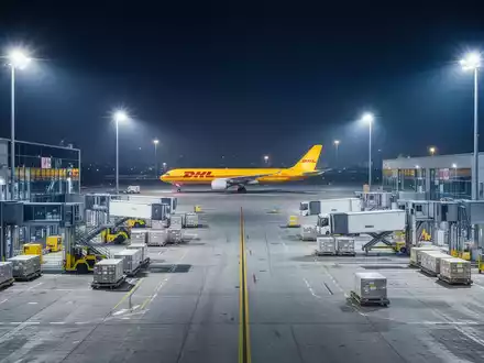 Eine weitläufige, moderne Logistikanlage bei Nacht mit einem DHL-Frachtflugzeug im Hintergrund unter hellen Flutlichtern. - Foto: über boerse-global.de