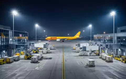 Eine weitläufige, moderne Logistikanlage bei Nacht mit einem DHL-Frachtflugzeug im Hintergrund unter hellen Flutlichtern. - Foto: über boerse-global.de