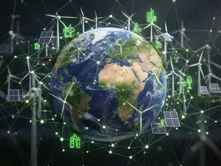Ein stilisiertes globales Netzwerk aus Linien und Knoten, das Lieferketten und Emissionen darstellt, mit integrierten grünen Energiesymbolen. - Foto: über boerse-global.de