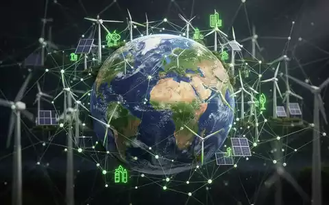 Ein stilisiertes globales Netzwerk aus Linien und Knoten, das Lieferketten und Emissionen darstellt, mit integrierten grünen Energiesymbolen. - Foto: über boerse-global.de