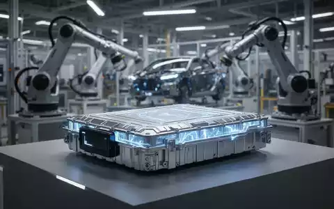 Ein futuristischer Elektrofahrzeug-Akkupack leuchtet subtil auf einem minimalistischen Display in einer modernen Fertigungsanlage. - Foto: über boerse-global.de