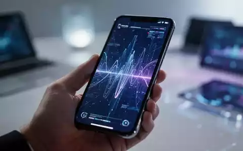 A hand holds a modern smartphone displaying a futuristic operating system, with other devices blurred in the background. - Foto: über boerse-global.de