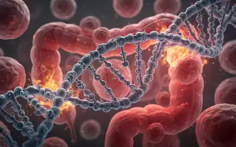 Nahaufnahme von DNA-Strängen, die sich mit entzündeten Darmzellen verflechten, symbolisiert die Genetik von Morbus Crohn. - Foto: über boerse-global.de