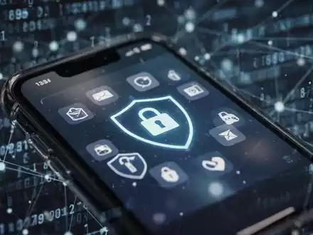 Close-up of an iPhone screen showing security icons and a lock symbol, with a blurred background of digital code. - Foto: über boerse-global.de