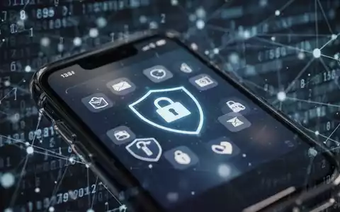 Close-up of an iPhone screen showing security icons and a lock symbol, with a blurred background of digital code. - Foto: über boerse-global.de