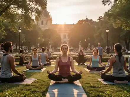 Menschen praktizieren Yoga und Meditation bei Sonnenaufgang in einem Park, umgeben von Grün und historischer Architektur. - Foto: über boerse-global.de