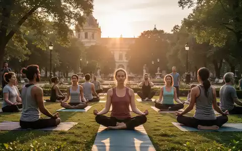 Menschen praktizieren Yoga und Meditation bei Sonnenaufgang in einem Park, umgeben von Grün und historischer Architektur. - Foto: über boerse-global.de