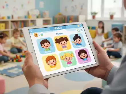 Eine Nahaufnahme einer digitalen Tablet-App zur Kinderbetreuung, die von Eltern in einer Kindertagesstätte gehalten wird. - Foto: über boerse-global.de