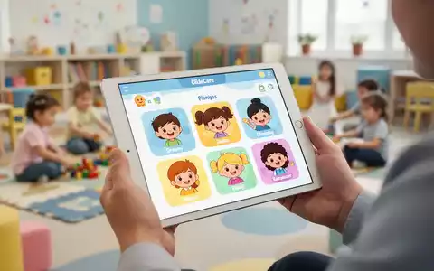 Eine Nahaufnahme einer digitalen Tablet-App zur Kinderbetreuung, die von Eltern in einer Kindertagesstätte gehalten wird. - Foto: über boerse-global.de