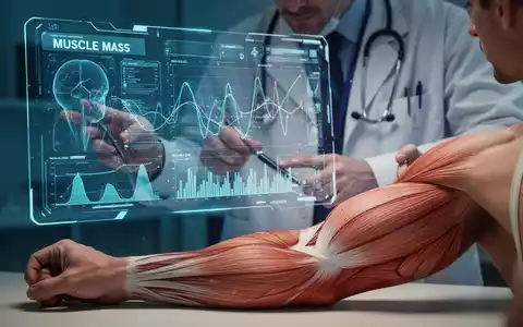 Eine Nahaufnahme zeigt eine medizinische Fachkraft, die Daten zum Muskelverlust auf einem Tablet analysiert, während im Hintergrund eine menschliche Silhouette mit markierten Muskeln zu sehen ist. - Foto: über boerse-global.de