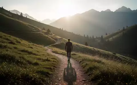 Eine Person wandert auf einem sonnigen Bergpfad durch grüne Hügel, symbolisch für Fastenwandern und Gesundheitstourismus. - Foto: über boerse-global.de