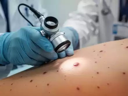 Eine Nahaufnahme einer behandschuhten Hand eines Arztes, die ein Dermatoskop hält und die Haut eines Patienten untersucht. - Foto: über boerse-global.de