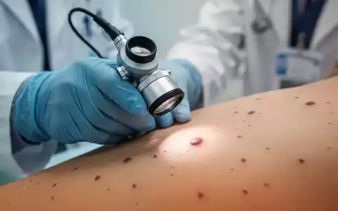 Eine Nahaufnahme einer behandschuhten Hand eines Arztes, die ein Dermatoskop hält und die Haut eines Patienten untersucht. - Foto: über boerse-global.de