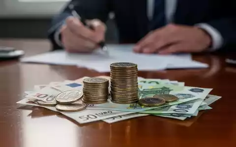 Ein Stapel deutscher Euro-Münzen und -Banknoten auf einem Schreibtisch, unscharfer Hintergrund zeigt eine Person, die ein Dokument unterschreibt. - Foto: über boerse-global.de