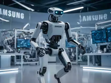 An advanced humanoid robot, possibly 'Atlas,' from Boston Dynamics, standing in a modern, high-tech Samsung research facility. - Foto: über boerse-global.de