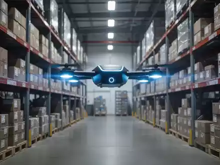 An autonomous indoor drone with blue lights scans inventory in a modern, high-tech warehouse, symbolizing advanced logistics. - Foto: über boerse-global.de