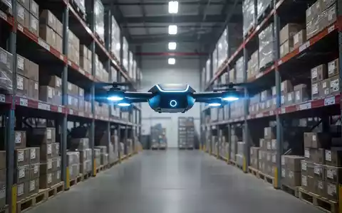 An autonomous indoor drone with blue lights scans inventory in a modern, high-tech warehouse, symbolizing advanced logistics. - Foto: über boerse-global.de