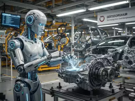 Ein humanoider Roboter montiert Autoteile in einer modernen deutschen Automobilfabrik. - Foto: über boerse-global.de