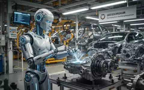 Ein humanoider Roboter montiert Autoteile in einer modernen deutschen Automobilfabrik. - Foto: über boerse-global.de