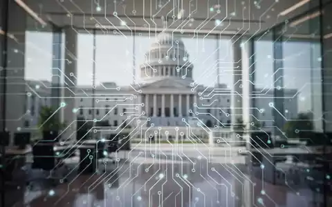 Eine stilisierte, leuchtende neuronale Netz- oder Leiterplattenmuster über einem unscharfen Regierungsgebäude-Interieur, symbolisiert KI in der Regierung. - Foto: über boerse-global.de