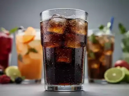 Ein Glas mit einem dunklen, zuckerhaltigen Erfrischungsgetränk, umgeben von anderen potenziell ungesunden Getränken, in einer professionellen Aufnahme. - Foto: über boerse-global.de