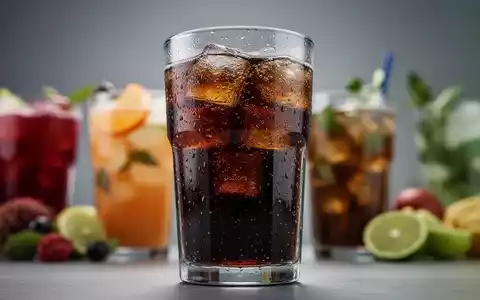 Ein Glas mit einem dunklen, zuckerhaltigen Erfrischungsgetränk, umgeben von anderen potenziell ungesunden Getränken, in einer professionellen Aufnahme. - Foto: über boerse-global.de
