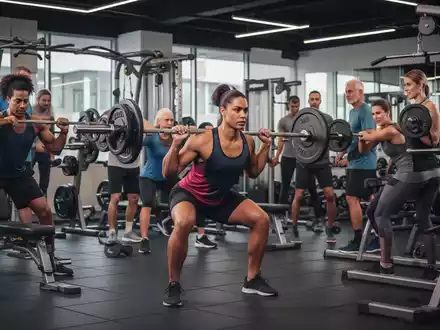 Eine Gruppe von Menschen unterschiedlichen Alters führt Krafttraining in einem modernen Fitnessstudio durch, wobei sie Hanteln und Maschinen verwenden. - Foto: über boerse-global.de