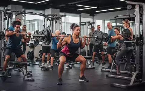 Eine Gruppe von Menschen unterschiedlichen Alters führt Krafttraining in einem modernen Fitnessstudio durch, wobei sie Hanteln und Maschinen verwenden. - Foto: über boerse-global.de