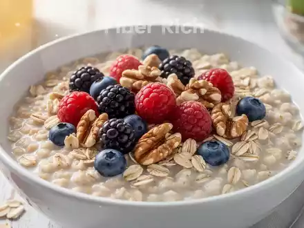 Nahaufnahme einer Schüssel Haferflocken mit Beeren und Nüssen, die eine gesunde, ballaststoffreiche Ernährung darstellt. - Foto: über boerse-global.de