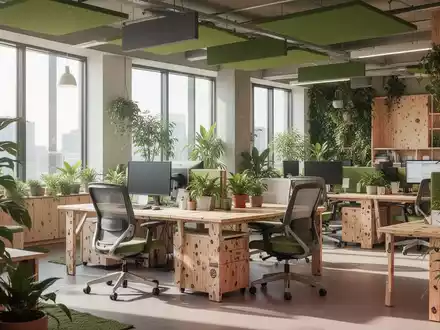Ein modernes, nachhaltiges Büro mit viel Grün, ergonomischen Möbeln und natürlichem Licht, das eine ruhige Arbeitsumgebung schafft. - Foto: über boerse-global.de