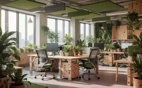 Ein modernes, nachhaltiges Büro mit viel Grün, ergonomischen Möbeln und natürlichem Licht, das eine ruhige Arbeitsumgebung schafft. - Foto: über boerse-global.de
