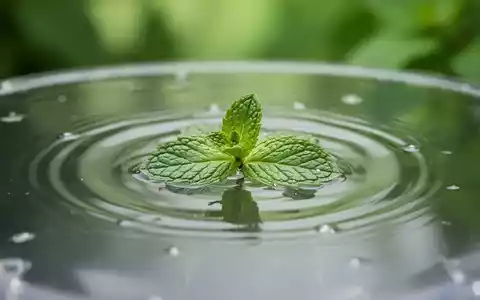 Ein einzelnes Pfefferminzblatt schwimmt auf ruhigem Wasser, umgeben von einem weichen, grünen Hintergrund. - Foto: über boerse-global.de