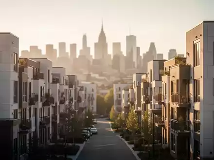Eine Nahaufnahme eines modernen Sozialwohnungsbaus mit vielen Fenstern und Balkonen, der im warmen Sonnenlicht steht. - Foto: über boerse-global.de