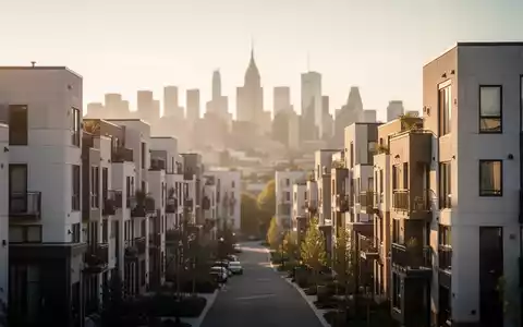 Eine Nahaufnahme eines modernen Sozialwohnungsbaus mit vielen Fenstern und Balkonen, der im warmen Sonnenlicht steht. - Foto: über boerse-global.de