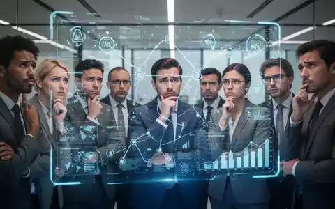 Geschäftsleute in einem modernen Büro, die nachdenklich auf eine holografische Anzeige mit komplexen Daten schauen und die Herausforderungen der Strategieumsetzung symbolisieren. - Foto: über boerse-global.de