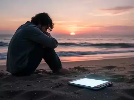 Eine einsame Person sitzt am Strand bei Sonnenuntergang, blickt aufs Meer, während ein leuchtendes Smartphone im Sand liegt. - Foto: über boerse-global.de